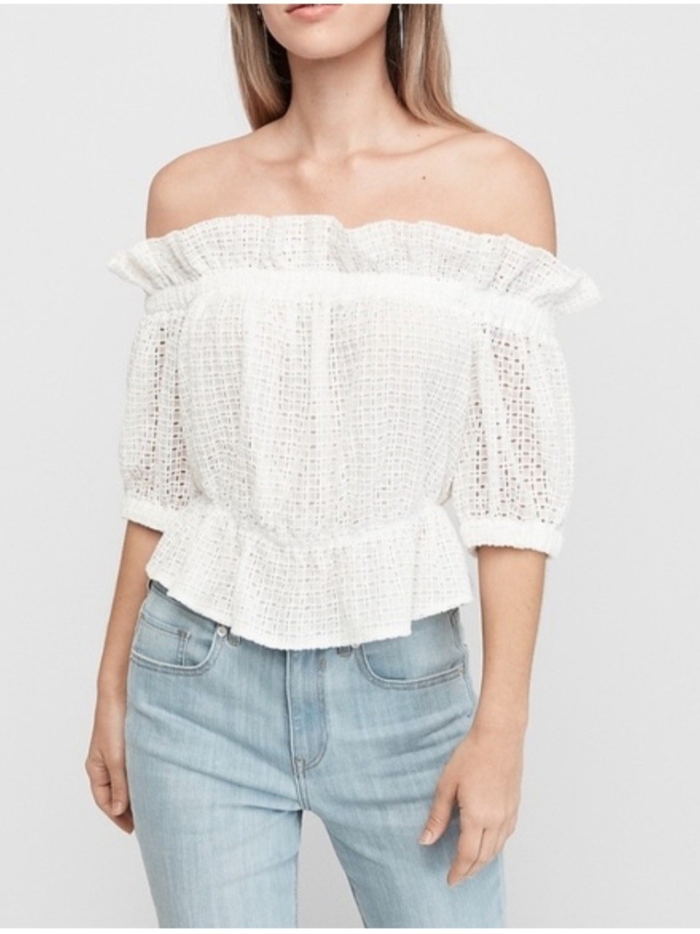 EXPRESS | White Off-Shoulder Cropped Eyelet Lace Peplum Blouse